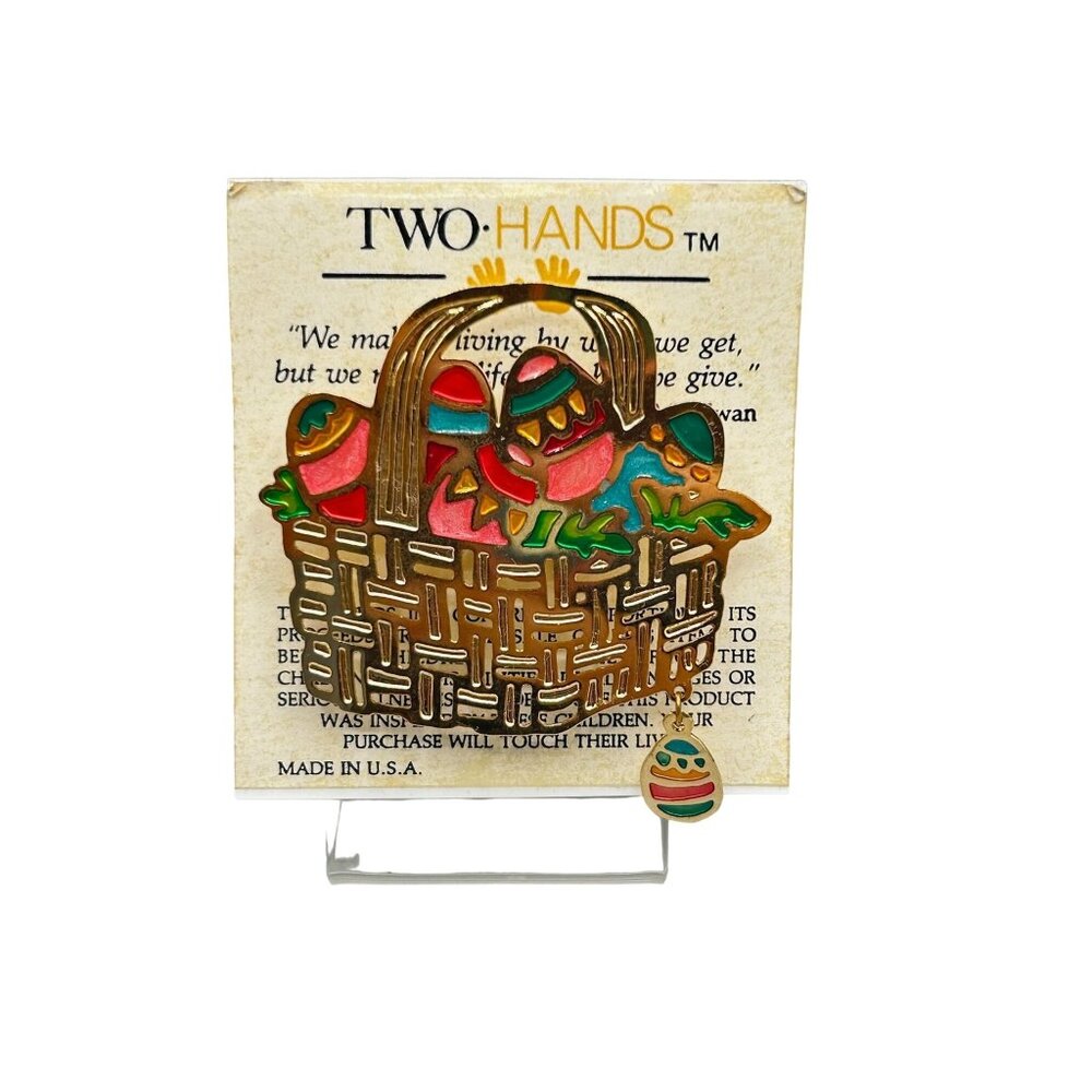 Vintage Easter Basket Pin Brooch Two Hands Brand Gold Tone Enamel Made In USA